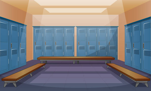 ilustrações de stock, clip art, desenhos animados e ícones de sport changing room with locker background illustration - changing room