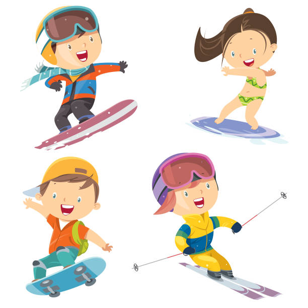 ilustrações de stock, clip art, desenhos animados e ícones de sport children set - snowboard