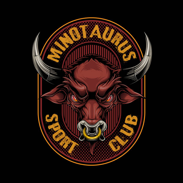 Sport club logo label. Vector illustration of bull head and dumbbells in engraving technique  with typography design elements. drawing of the bull head tattoo designs stock illustrations