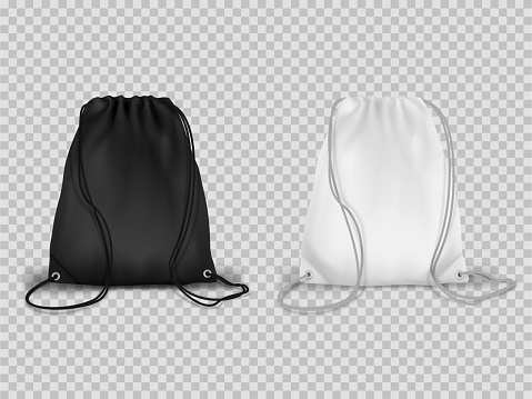Sport drawstring backpacks realistic set. Cinch tote bags black and white.