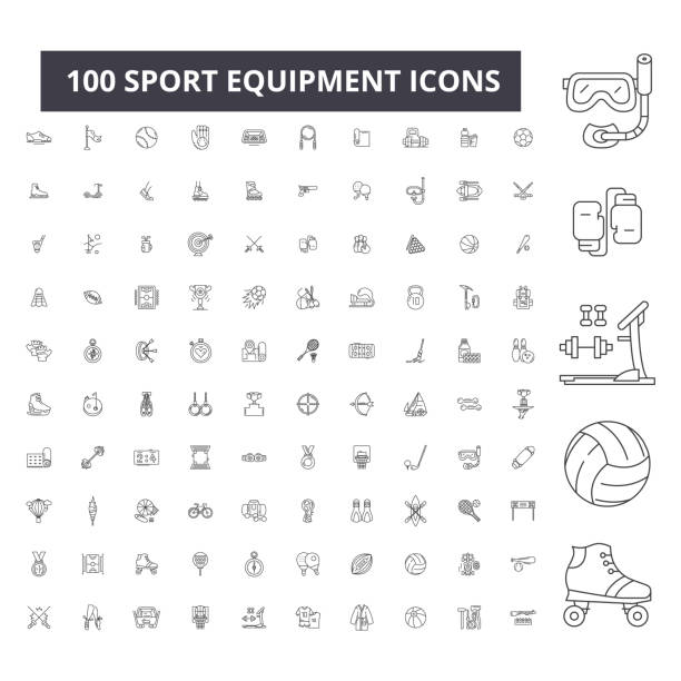 スポーツ機器、編集可能な行アイコン 100 ベクトル コレクション セットです。スポーツ機器黒いアウトライン イラスト、サイン、シンボル - ゴルフ　服装点のイラスト素材／クリップアート素材／マンガ素材／アイコン素材