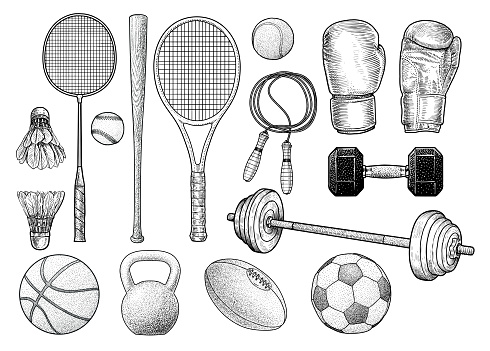 Sport equipments illustration, drawing, engraving, ink, line art, vector