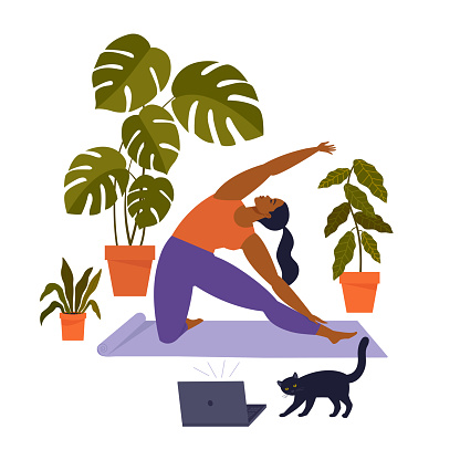 Sport exercise at home. Woman doing workout indoor. Yoga and fitness, healthy lifestyle. Flat vector illustration.