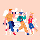 Sport family flat vector illustration. Fitness at home. Siblings doing aerobics. Parents and kid exercising with dumbbells. Physical healthcare. Relatives cartoon characters on pink background
