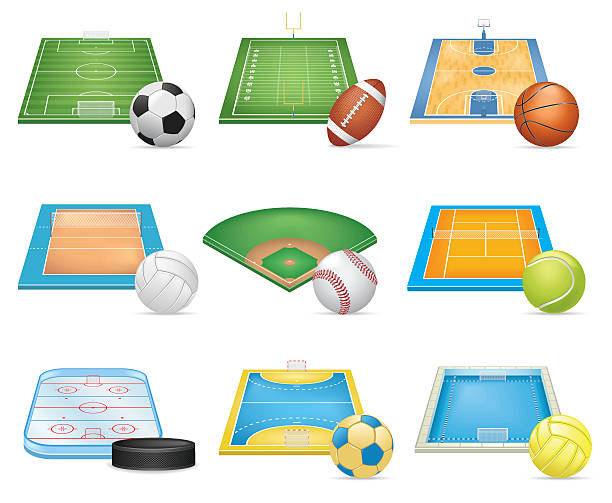 ilustrações de stock, clip art, desenhos animados e ícones de conjunto de ícones de campos de desporto - futsal