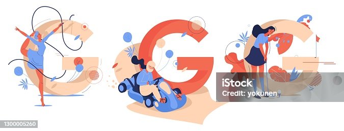 istock Sport G letters with women training gymnastics, go-carting and golf. Concept illustrations with capital characters smiling and having fun 1300005260