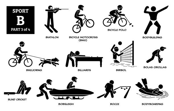 stockillustraties, clipart, cartoons en iconen met sport games alphabet b vector icons pictogram. - posing with ski
