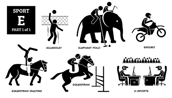 Sport games alphabet E vector icons pictogram.