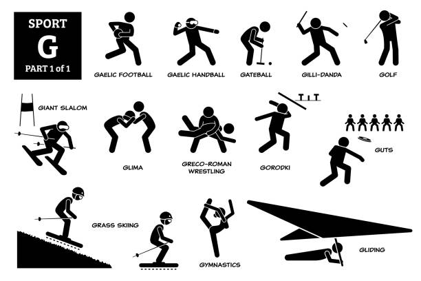 stockillustraties, clipart, cartoons en iconen met sport games alphabet g vector icons pictogram. - posing with ski