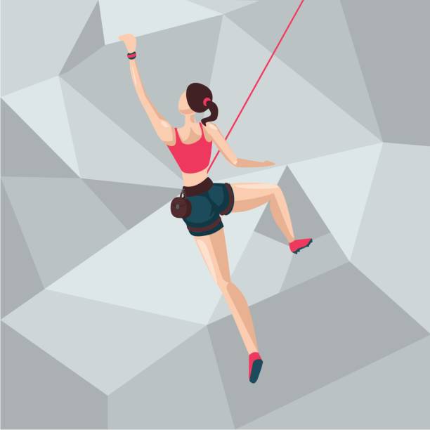 Sport girl on a climbing wall. Cartoon character illustration. Back view. Back view of a sport girl on a climbing wall. Cartoon character illustration. mountain climber exercise stock illustrations