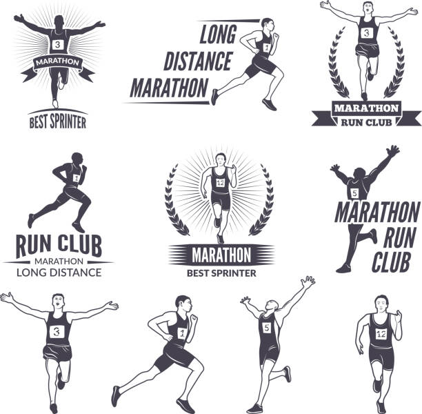 運動標籤在馬拉松主題為體育隊。運動員孤立的例證 - 馬拉松 幅插畫檔、美工圖案、卡通及圖標