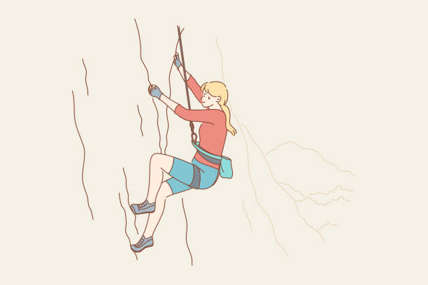 Sport, mountaineering, tourism, adventure, danger, activity concept Sport, mountaineering, tourism, adventure, danger, activity concept. Young woman girl athlete cartoon character climbing rock or mountain. Active recreation or hobby and extreme lifestyle illustration mountain climber exercise stock illustrations