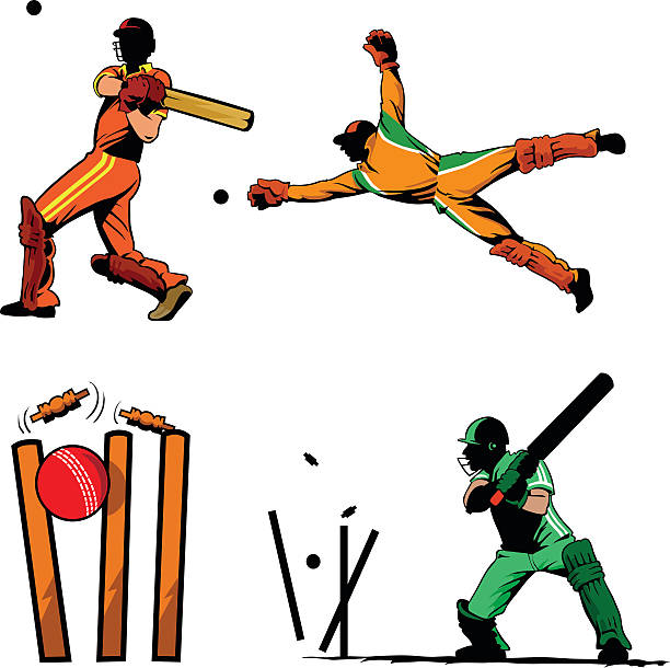 illustrazioni stock, clip art, cartoni animati e icone di tendenza di sport di giocatori di cricket set - pioli