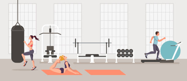 спортивные люди делают упражнения в тренажерном зале. вектор плоский графический дизайн изолированные иллюстрации значок - gym stock illustrations