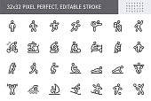 Sport people flat icons. Vector illustration with minimal icon - exercise, yoga, active man, treadmill, fitness, aerobic, snowboard, treadmill, simple pictogram. 32x32 Pixel Perfect.