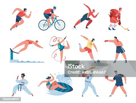 istock Sport people, professional athlete gymnast, boxer, runner. Athletic characters playing baseball, soccer, hockey, sports activities vector set 1360648957