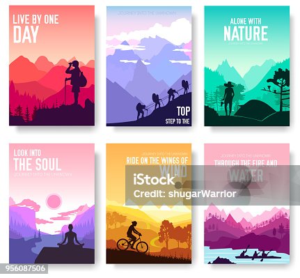 istock Sport rest day vector brochure cards set.  Tourism on nature template of flyer, magazines, poster, book cover, banners. Active lifestyle invitation concept background. Layout illustration modern page 956087506