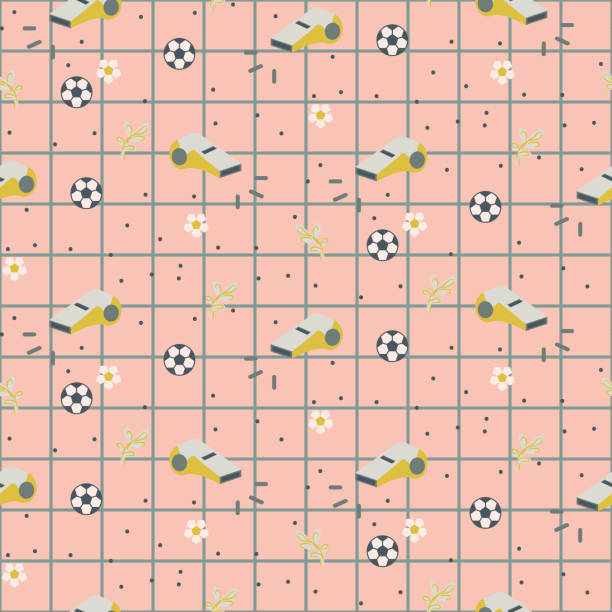 Sport retro girlish seamless pattern background Sport retro girlish seamless pattern background. Vintage colors checkered texture with balls and whistles. Girlish theme pattern. pink soccer balls stock illustrations