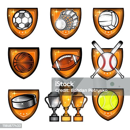 istock Sport set equipment ball, shuttlecock, puck in center of shield. Sport label isolated on white for any team or competition 1185877433