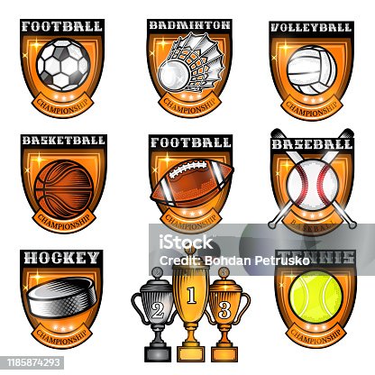 istock Sport set equipment ball, shuttlecock, puck in center of shield with name of game. Sport labels isolated on white for any team or competition 1185874293