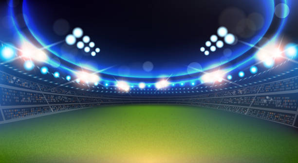 ilustrações de stock, clip art, desenhos animados e ícones de sport stadium with lights and tribunes background - soccer night