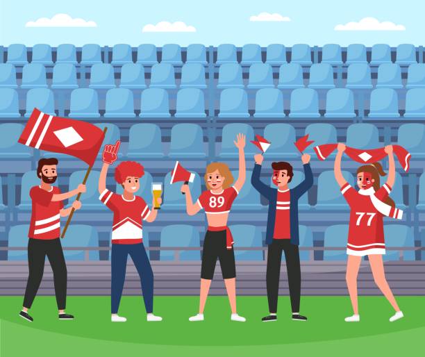 Sport supporters. Soccer team happy fans group with rooter equipment and flags, stadium victory celebration, screaming and smiling people in team colors. Vector flat cartoon concept Sport supporters. Soccer team happy fans group with rooter equipment and flags, stadium victory celebration, screaming and smiling people in team colors, seats background. Vector flat cartoon concept cartoon of a stadium crowd stock illustrations