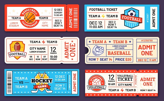 Sport tickets. Baseball, american football, soccer, hockey and basketball game ticket templates. Match invite coupons with logo vector set