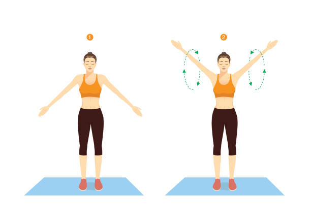 Sport woman doing exercise with Big Arm Circles posture for warm up. Rotation arms help to prevent injuries from strength training.
