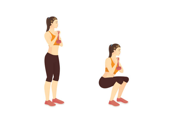 sportfrauen machen fitness mit narrow-stance goblet squat, während hantel vertikal vor der brust in 2 schritten. hüften übungstraining. - pilates methode stock-grafiken, -clipart, -cartoons und -symbole