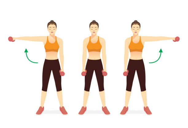 サイドダンベルでフィットネスをしているスポーツ女性は、左右の腕で上げます。カンニング・レテララル・ダンベル・レイズ肩と腕の筋肉を構築するための運動図。 - 筋トレ点のイラスト素材／クリップアート素材／マンガ素材／アイコン素材