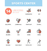Sports center - modern vector icons, pictograms set. Swimming pool, gym, fitness, ball, climbing wall, tennis court, football, kids area, golf, ice rink, boxing, martial arts, health group, billiards