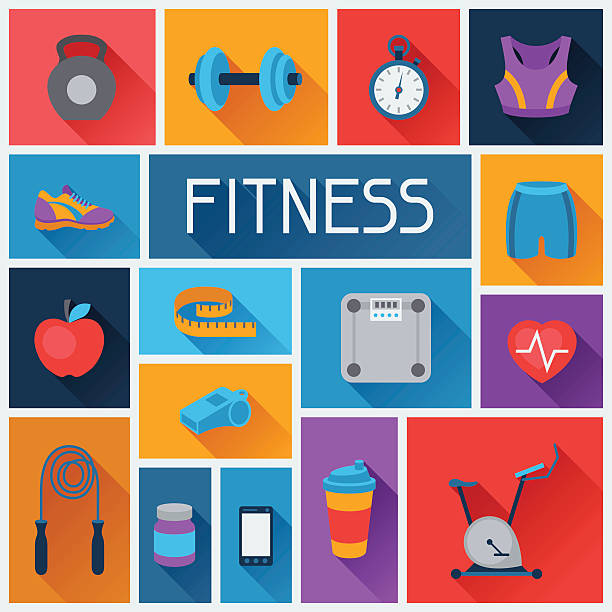 sports hintergrund mit fitness-icons in flachen stil. - fitnessstudio stock-grafiken, -clipart, -cartoons und -symbole