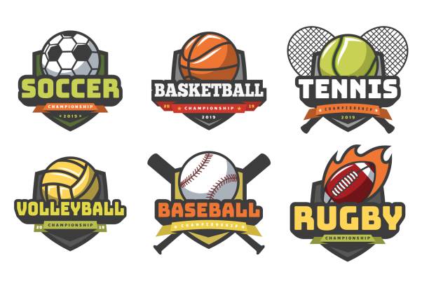 ilustraciones, imágenes clip art, dibujos animados e iconos de stock de logos de pelotas deportivas. deporte logo pelota fútbol baloncesto voleibol fútbol rugby tenis béisbol insignia equipo club emblemas - pelota de voleibol