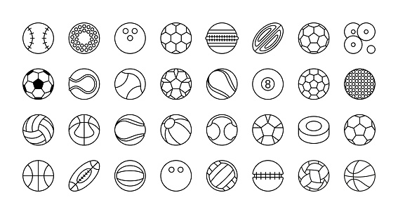 Sports balls of all kinds. Set of vector icons. Football, soccer, tennis, golf, bowling, basketball, hockey, volleyball, rugby, billiards, baseball, ping pong.
