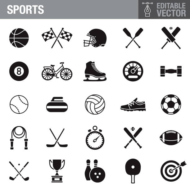 Sports Black Glyph Icon Set A set of glyph styled icons. File is built in the CMYK color space for optimal printing. Objects are 100% K (black) and transparent, there are no white fills or strokes in this file. football clipart black and white stock illustrations