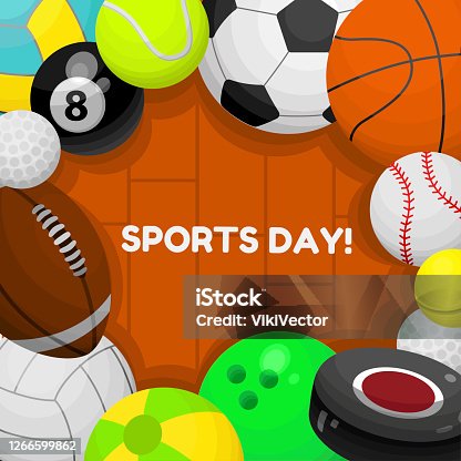 istock Sports day vector postcard, greeting card, poster. Balls for soccer, volleyball, basketball, rugby. 1266599862