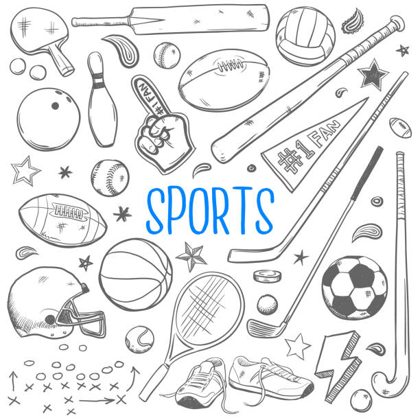 sports doodles vector illustration vector illustration of various sports equipment rugby ball stock illustrations