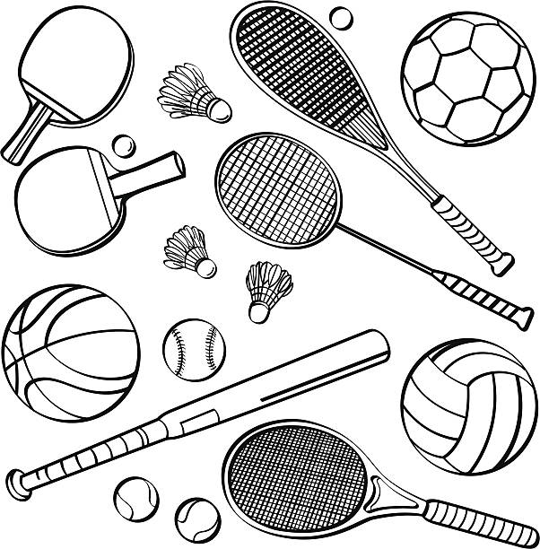 Sports Equipment Collections Different kinds of sports equipment in sketch style. It contains hi-res JPG, PDF and Illustrator 9 files. football clipart black and white stock illustrations