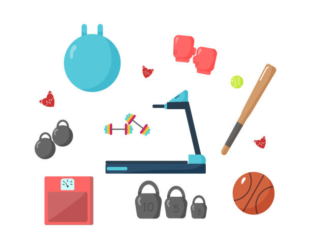Sports Equipment, gym. Sports Equipment on white background.Equipment for sports and physical activity.Set of Flat Items.Sticker with treadmill, kettlebell, ball, jump rope, scales, bat.Modern vector illustration, EPS 10. pink soccer balls stock illustrations
