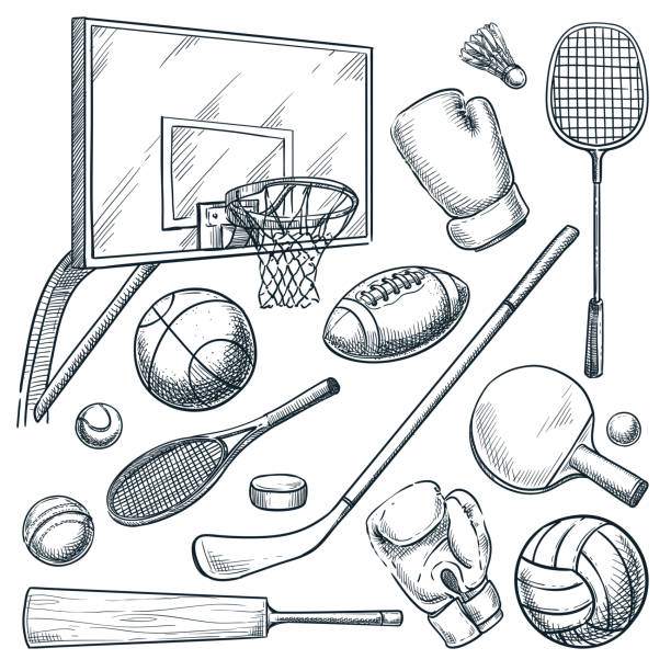 sports equipment. vector hand drawn sketch illustration of basketball, tennis, badminton, boxing, hockey and volleyball - 排球 球 插圖 幅插畫檔、美工圖案、卡通及圖標