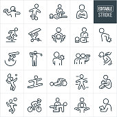 A set of sports medicine icons that include editable strokes or outlines using the EPS vector file. The icons include sports medicine, exercise physiologist, athletic trainer, physical therapist, sports doctor, SEM, sport and exercise medicine, health care, physical fitness, trainer working with patient, athlete with injury, athlete with hurt back, athlete with shoulder pain, athlete with knee injury, athletes doing sports training, football player, runner, soccer player, wake boarder, snowboarder, golfer, tennis player, dancer, volleyball player, cyclist, football, snowboarding, golf, tennis, sports trainer working with athlete and other related icons.