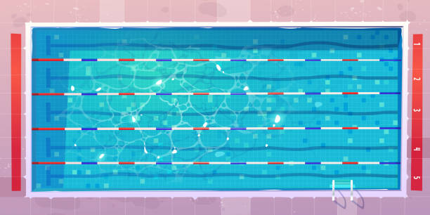 Sports pool, top view with blue ripped water. Sport pool, top view with blue ripped water, ceramics floor and lanes or paths for dip. Empty reservoir for swimming sports competition, fitness or aqua aerobics training, Cartoon vector illustration standing water stock illustrations