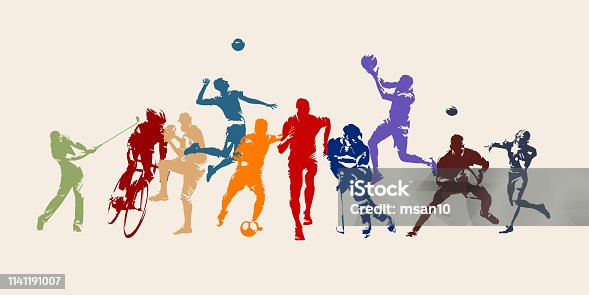 istock Sports, set of athletes of various sports disciplines. Isolated vector silhouettes. Run, soccer, hockey, volleyball, basketball, rugby, baseball, american football, cycling, golf 1141191007