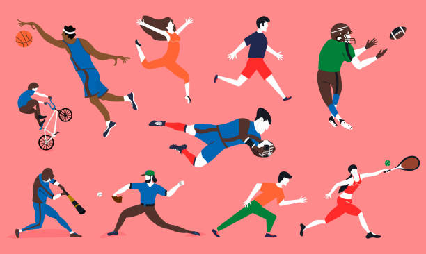 Sports set. Vector characters in different kinds of sports. Vector illustration on white background in cartoon style Sports set. Vector characters in different kinds of sports.Vector illustration on white background in cartoon style pink soccer balls stock illustrations