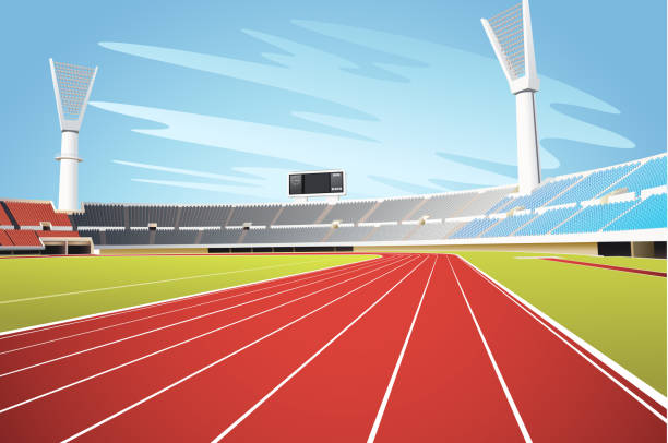 Sports stadium and running track vector art illustration