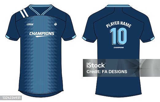 istock Sports t-shirt jersey design concept vector template, v neck Football jersey concept with front and back view for Soccer, Cricket, Volleyball, Rugby, tennis, badminton uniform kit 1324234931