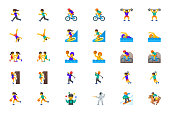 Sportsman Vector Icons Set. Sport People Man, Woman Persons Icons Illustration Symbols Emojis, Characters Set, Collection Cartoon Style - Vector