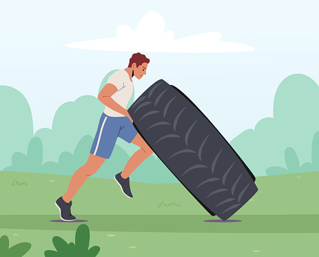 Sportsman Workout Exercising in Yard. gym or Bodybuilding Concept with Strong and Power Athletics Man Lifting Tire