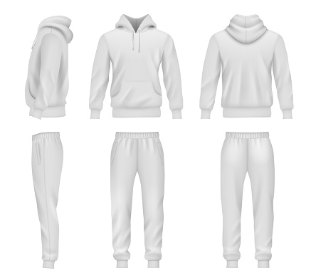 Sportswear. Hoodie mockup tracksuit sweatpants for men decent vector templates