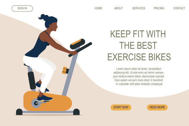 Sporty slim woman on exercise bike Sporty slim woman on exercise bike. Web page design for sports activities, Active lifestyle. Workout at home or in gym. Cardio workout concept. Vector illustration for poster, banner, placard, website peloton stock illustrations